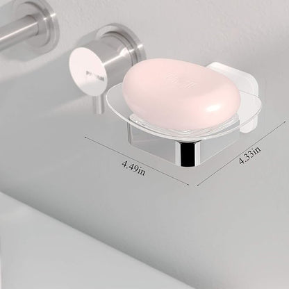 Shower Soap Holder, Wall Mounted Soap Dish, Soap Saver, Soap Tray, Bar Soap Holder for Shower Bathroom & Kitchen Accessories (White + Chrome, 4.49 x 4.33 in)