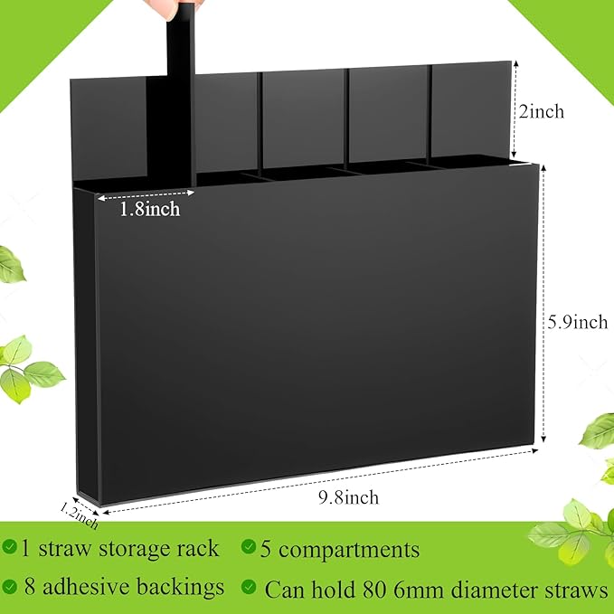 Honeydak Magnetic Acrylic Straw Holder for Cabinet Door with Adhesive Tapes and 5 Removable Partitions, Reusable Straw Organizer Storage Space-saving for Cabinet Door Fridge Kitchen(Black,9.8 Inch)