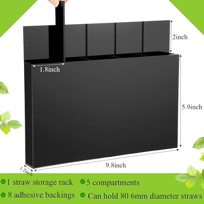 Honeydak Magnetic Acrylic Straw Holder for Cabinet Door with Adhesive Tapes and 5 Removable Partitions, Reusable Straw Organizer Storage Space-saving for Cabinet Door Fridge Kitchen(Black,9.8 Inch)