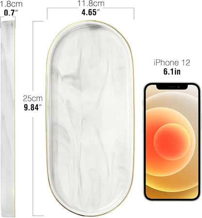 Luxspire Bathroom Vanity Tray, Marble Ceramic Dresser Jewelry Dish with Golden Rim, Decorative Tray Countertop Sink Storage Holder Organizer for Soap Candles Perfume Comestic Home Decor, Marble White