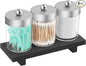 3 Pcs Qtip Holder,Clear Apothecary Jars with Wooden Tray for Cotton Balls,Swabs,Farmhouse Decor Bathroom Vanity Organizers Accessories for Makeup Brushes,Lipstick Storage (Silver)