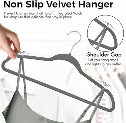 Techzoo Premium Velvet Hangers 50 Pack Ultra Thin Non Slip Adult Felt Space Saving Slim Suit Hanger for Closet Heavy Duty Coat Pants Jackets Dress Hangers 360° Swivel Hook Hold Upto 10 lbs Gray