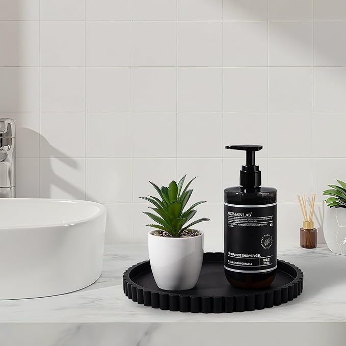 Round Bathroom Tray Silicone Kitchen Counter Decor Vanity Organizer Decorative Coffee Table Tray for Perfume, Candle, Soap Dish, 9 Inch, Black