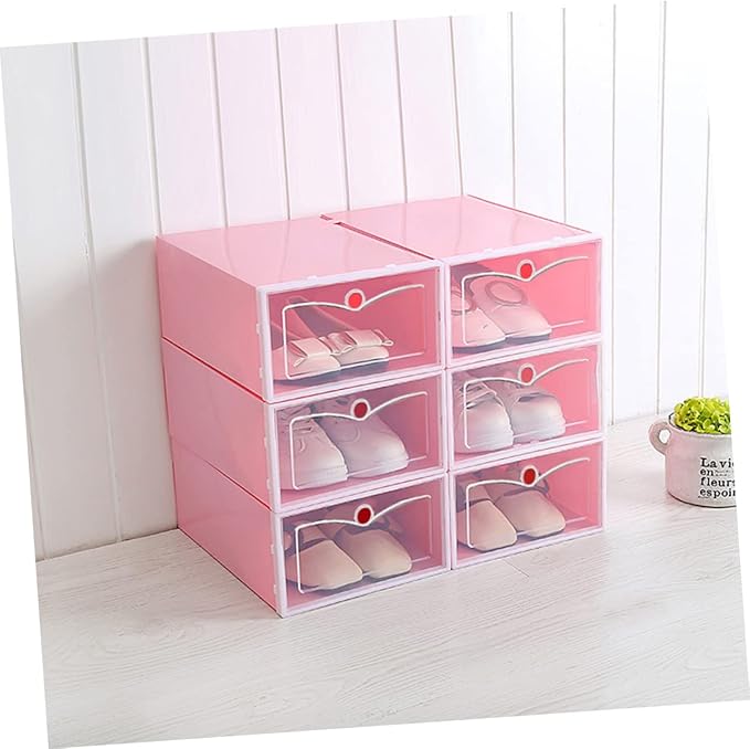 6pcs Stackable Transparent Shoe Storage Box Thicken Plastic Shoe Organizer for Closet Pink for Organizing Sneakers and Footwear