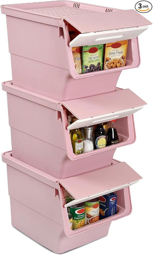 Giantex Plastic Stackable Storage Bins with Lids & Wheels, 3 Pack Open Front Stacking Bins, Organizer Bins for Pantry, Kitchen, Laundry, Closet, Playroom, Bedroom Organization (35 QT)