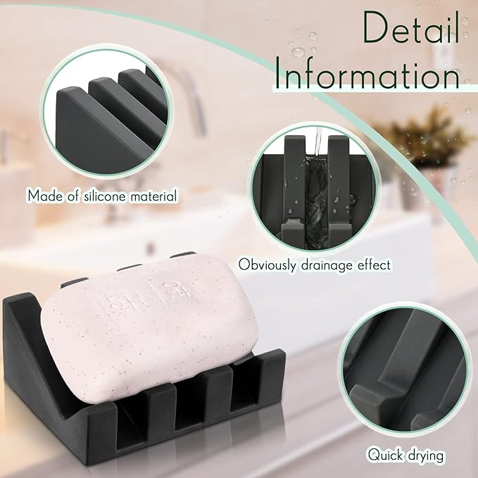 Cunhill 2 Pieces Silicone Soap Dish Self Draining Soap Dish Shower Waterfall Bar Soap Holder Tray with Drain Soap Saver for Kitchen Bathroom Accessories (Black)