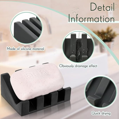 Cunhill 2 Pieces Silicone Soap Dish Self Draining Soap Dish Shower Waterfall Bar Soap Holder Tray with Drain Soap Saver for Kitchen Bathroom Accessories (Black)