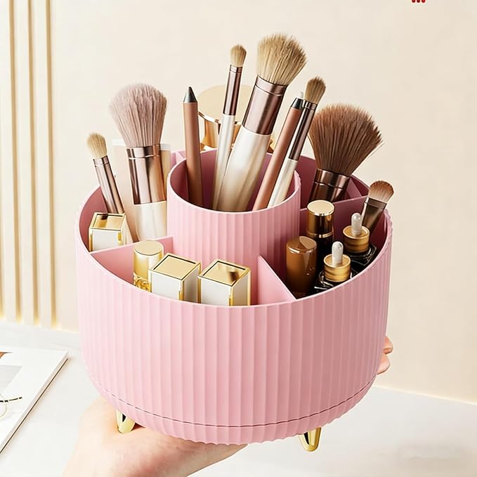 360 Degree Rotating Makeup Brush Holder Organizer Detachable Design 5 Slot Make up Brushes Cup for Cosmetics and Pencil Pen Organizer for Desk Makeup Organizer Skincare Storage for Vanity (pink2)