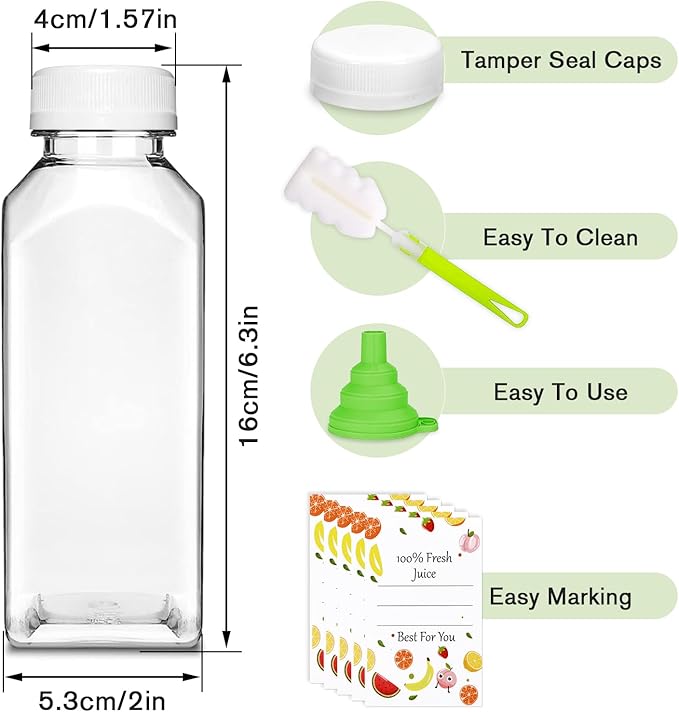 Plastic Juice Bottles with Caps 6 pcs - 12oz Reusable Juice Containers with Tamper Proof Lids White - Clear Juicing Bottles for Juicing Milk Smoothie Drinking and Other Beverages Christmas Gifts