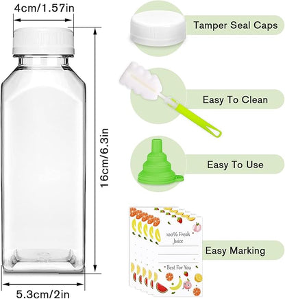 Plastic Juice Bottles with Caps 6 pcs - 12oz Reusable Juice Containers with Tamper Proof Lids White - Clear Juicing Bottles for Juicing Milk Smoothie Drinking and Other Beverages Christmas Gifts