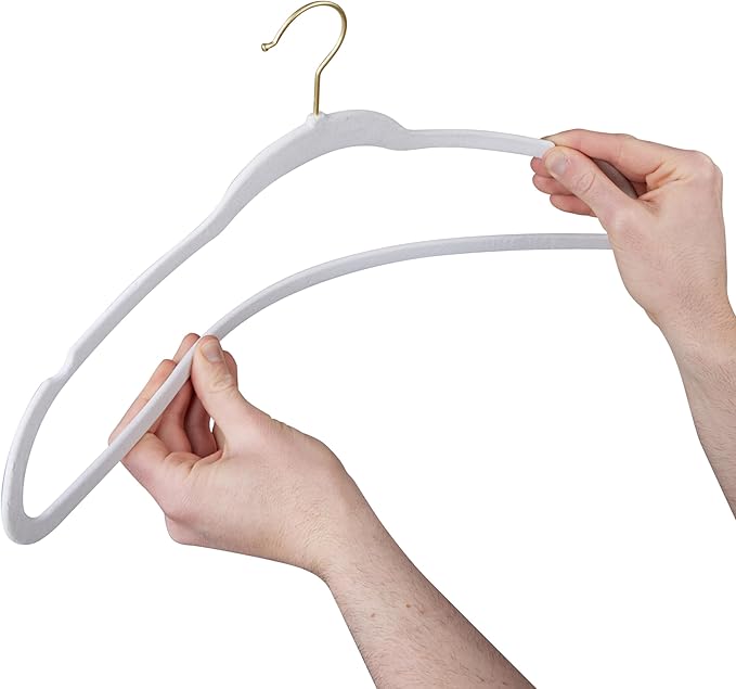 Simplify Slim Velvet Gold Hook Clothes Hangers 100 Pack | Non-Slip | Shirts | Suit | Pants | Dresses | Garments | Closet Storage & Organization | Durable | White