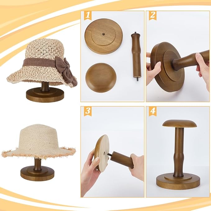 AHANDMAKER Wood Tabletop Hat Rack Vintage Dome Shaped Hat Holder Display Stand, Cap Organizer and Display Rack for Fedora, Sun Hats, Straw Hats, Caps, Wig, Brown 9 x 4.88 Inch