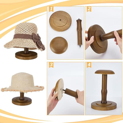 AHANDMAKER Wood Tabletop Hat Rack Vintage Dome Shaped Hat Holder Display Stand, Cap Organizer and Display Rack for Fedora, Sun Hats, Straw Hats, Caps, Wig, Brown 9 x 4.88 Inch