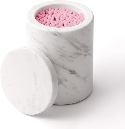 Marble Canister with Lid Natural Qtip Holder for Cotton Swabs, Balls, Pads, Floss Picks, Bath Salts - Vanity Makeup Storage Organizer Bathroom Essentials Accessories Decor White (DL011)
