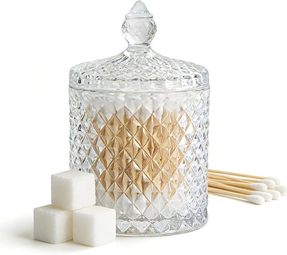 Clear Glass Jar with Lid – Qtip Holder, Cotton Ball Storage for Bathroom & Vanity, Crystal Glass, Candy Jar, Sugar Cube Storage for Kitchen Organizer, Home Decorative, Wedding Gift, Holiday Present