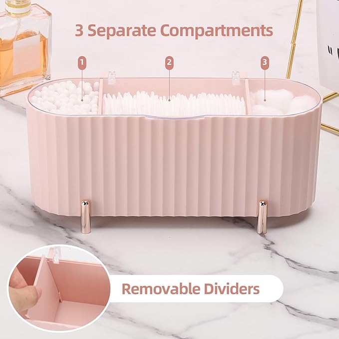 Tecbeauty Qtips Holder, 3 Grids Separate Cotton Swabs Ball Dispenser, Storage Box, Jar for Cotton Pads Bathroom Organizer Canisters - Pink