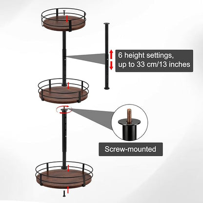 3-Tier Adjustable Lazy Susan Spice Rack Organizer, 360° Rotating Countertop Turntable with Wooden Shelves, Metal Frame & Silicone Drip Tray for Kitchen, Bathroom & Office