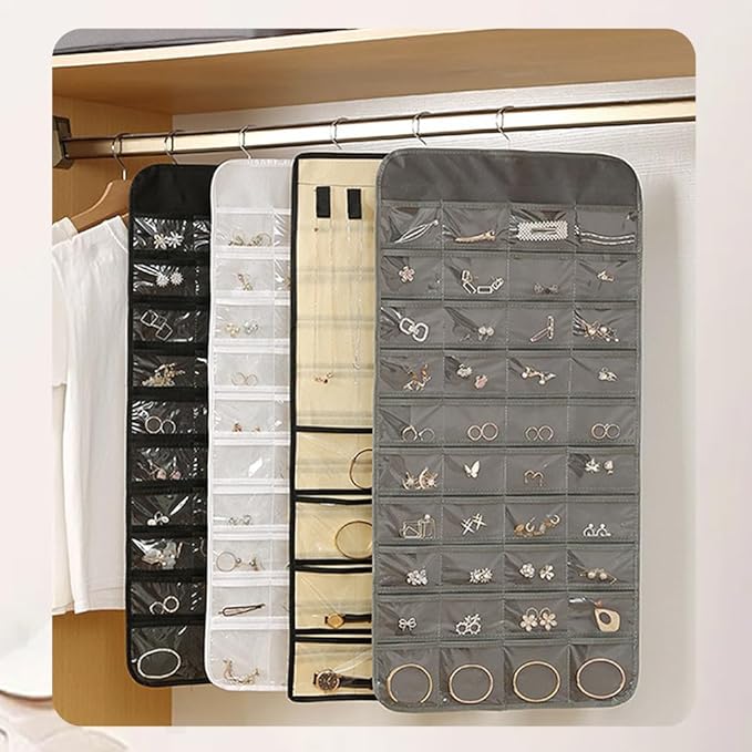 Hanging Jewelry Organizer Storage Earring Jewelry Storage Bag With 48 Pockets Necklace Bracelet Ring Glasses Accessory Display Rack (B80-Black)