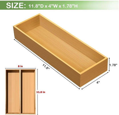 guiogc Bamboo Drawer Silverware Organizer, Utensil Organizer, Bamboo Storage Box Wood Silverware Tray for Drawer Set of 2