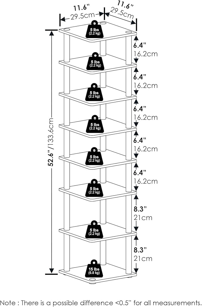 Furinno Turn-N-Tube Vertical Shoe Rack, 8-Tier Narrow Shoe Organizer, Free Standing Shoe Storage, Shoe Shelf for Boots, Sneakers, 11.6 x 11.6 x 52.6, for Closet, Entryway, Office, Garage, Amber Pine