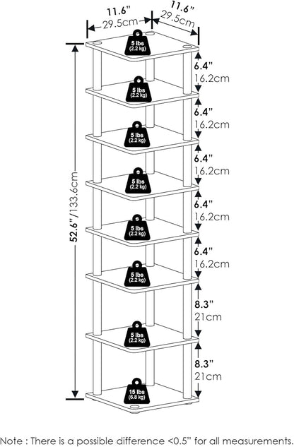 Furinno Turn-N-Tube Vertical Shoe Rack, 8-Tier Narrow Shoe Organizer, Free Standing Shoe Storage, Shoe Shelf for Boots, Sneakers, 11.6 x 11.6 x 52.6, for Closet, Entryway, Office, Garage, Amber Pine
