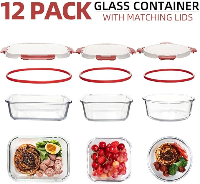 12 Pack Glass Storage Containers Transparent, Stackable Design Meal Prep Containers for Food Storage, Home, Kitchen & Pantry Organization, Microwave/Freezer/Dishwasher Safe