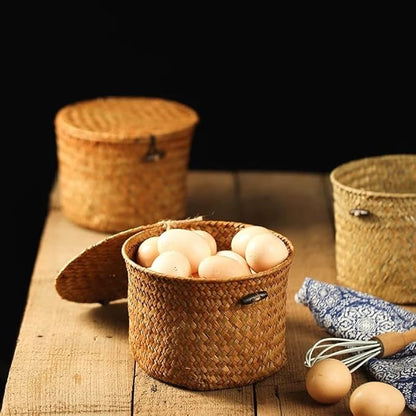 Seagrass Handmade Basket with Lid, Small Round Basket for Storage, Decorative Home Organizer Decor(7"L X 5"H, Natural)