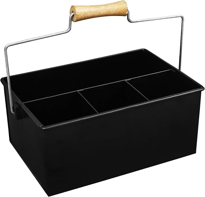 Alpha Living Home Heavy Duty Metal Alloy Utensil Silverware Caddy - 4 Compartment Flatware Organizer with Handle - Farmhouse Rustic Kitchen Storage for Countertop, Tabletop, Picnics & Parties (Black)