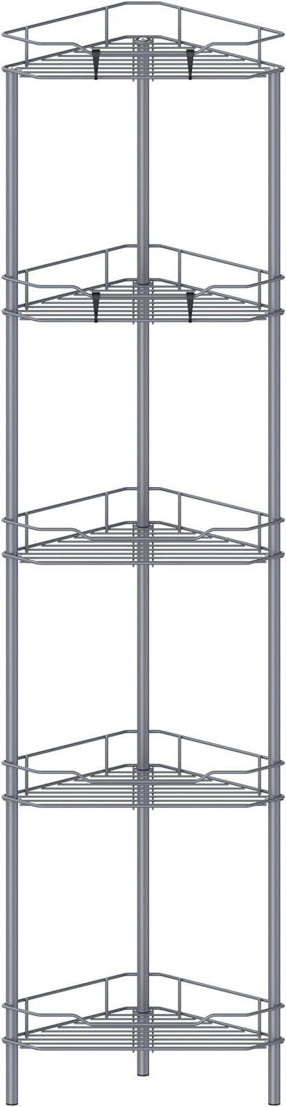 HuggieGems 5 Tier Floor Standing Corner Shower Caddy Organizer Shelf with Hooks, Bathroom Shelves Stand Rack, Dark Gray