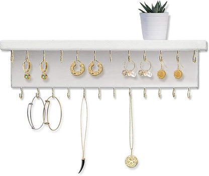 SANY DAYO HOME Jewelry Organizer with 30 Hooks and Cosmetics Shelf, 15 x 3 x 4 inches Wall Mounted Rustic Pine Wood Holder for Necklaces and Bracelets, Suitable for Kids and Adults (Retro White)