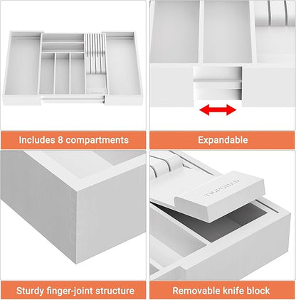 TIOPGHAD Bamboo-Silverware-Drawer-Organizer-Kitchen, Expandable Utensil Holder Cutlery Tray Flatware Organization Adjustable Wood Tableware Dividers Storage (with Removable Knife Block)(White)