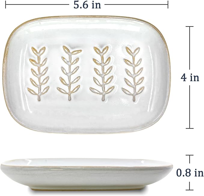 HighHerz Aesthetic Ceramic Soap Dish for Shower, Soap Holder with Raised Relief, Shower Soap Dish for Shampoo Bar Or Sponge, Soap Saver for Bathroom, Kitchen, Sink, Decorative Soap Tray (White)