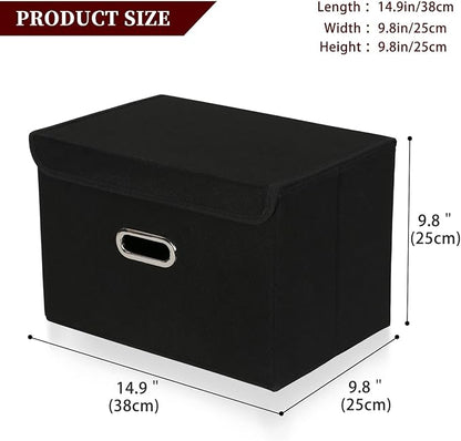 STOREONE Fabric Storage Cube Bins Foldable Organizer Container Collapsible Basket with Lids and Metal Handles, for Home, Bedroom, Closet 6 Pcs (Black)