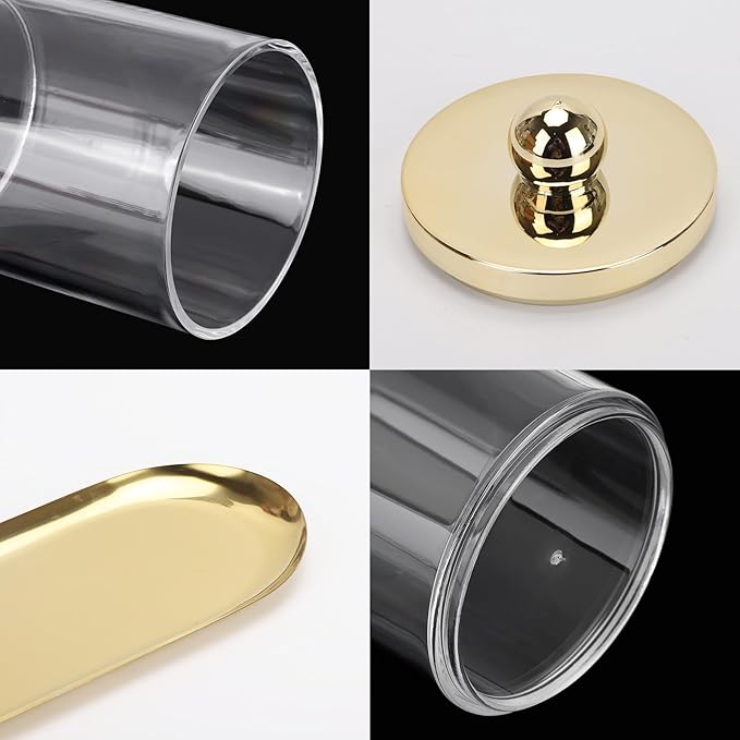 Tbestmax 3 Pack Qtips Holder with Gold Tray, 10oz Cotton Swab Ball Holder for Bathroom Essentials Accessories Decor Clear Plastic Canister Apothecary Jars