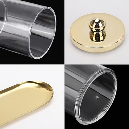 Tbestmax 3 Pack Qtips Holder with Gold Tray, 10oz Cotton Swab Ball Holder for Bathroom Essentials Accessories Decor Clear Plastic Canister Apothecary Jars