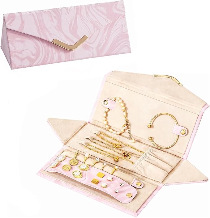 2-in-1 Travel Jewelry and Glasses Organizer, Foldable Case for Necklaces, Earrings, Rings, Bracelets, Pink Marble (Pink)