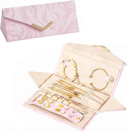 2-in-1 Travel Jewelry and Glasses Organizer, Foldable Case for Necklaces, Earrings, Rings, Bracelets, Pink Marble (Pink)