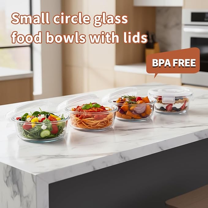 12oz Round Glass Food Containers With Lids, Small Round Glass Meal Prep Containers set,1.5 Cup Small Clear Food Storage Bowls BPA-Free, Microwave, Dishwasher, Freezer Safe（White）