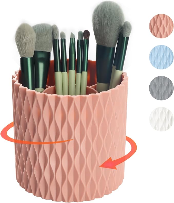 Makeup Brush Holder Organizer-360° Rotating Makeup Brush Storage,Pencil Pen Holder Cup,Desk Accessories,5 Slot Make up Brushes Cup, for Vanity Desktop Bathroom Countertop (Pink)
