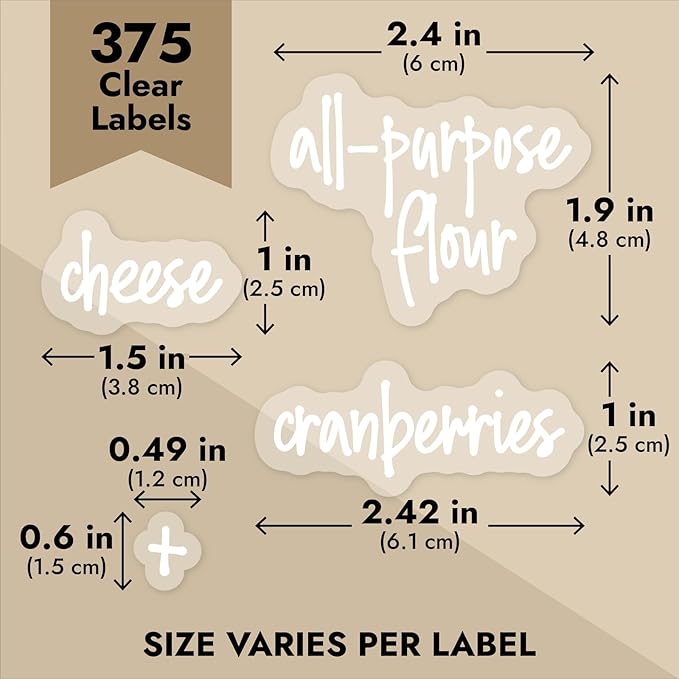Talented Kitchen Kitchen Labels for Pantry Containers - 375-Pack, White Script on Clear Vinyl - Waterproof Preprinted Jar & Food Storage Container Labels - Kitchen Storage & Organization