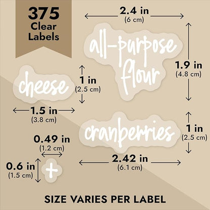 Talented Kitchen Kitchen Labels for Pantry Containers - 375-Pack, White Script on Clear Vinyl - Waterproof Preprinted Jar & Food Storage Container Labels - Kitchen Storage & Organization