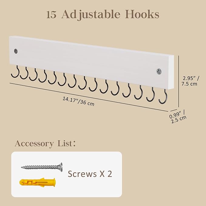 Lolalet olalet Wooden Necklace Holder for Wall with 15 Hooks, Necklaces Hanger Easy Install Wall Mount Necklace Organizer, Jewelry Hangers for Chains, Bracelets, Earrings -2 Set, White