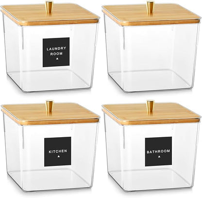 Hudgan 4 Pack Acrylic Storage Containers with Measuring Scoops for Kitchen, Laundry, Pantry, Clear Sturdy Plastic with Gold Handle Perfect for Dried Goods, Snacks, Detergent