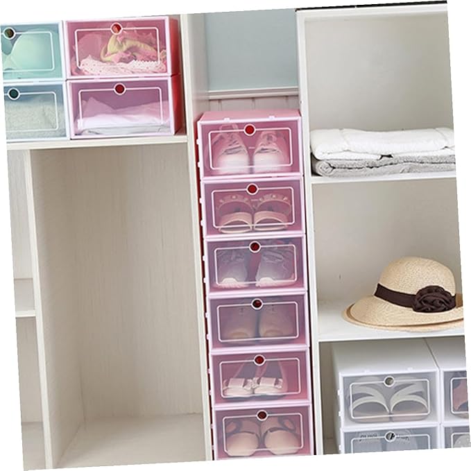 Cabilock 6PCS Pink Transparent Stackable Shoe Storage Boxes Large Thickened Plastic Containers for Closet Entryway Organizer with Door for Easy Shoe Visibility