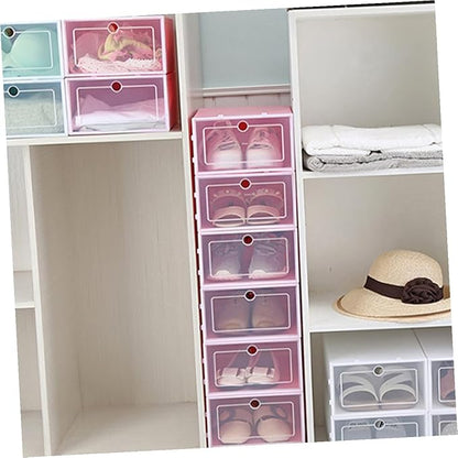 Cabilock 6PCS Pink Transparent Stackable Shoe Storage Boxes Large Thickened Plastic Containers for Closet Entryway Organizer with Door for Easy Shoe Visibility
