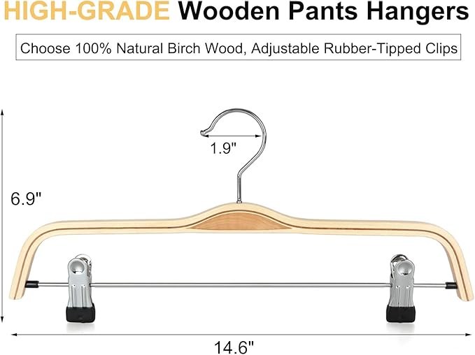TOPIA HANGER Wooden Pants Hangers,Slim Natural Wood Skirt Hangers with Anti-Rust Hook and Adjustable Metal Clips, Perfect for Skirts, Pants, Slacks-10 Pack-CT17N