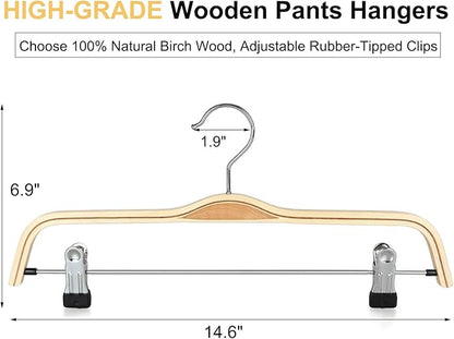TOPIA HANGER Wooden Pants Hangers,Slim Natural Wood Skirt Hangers with Anti-Rust Hook and Adjustable Metal Clips, Perfect for Skirts, Pants, Slacks-10 Pack-CT17N