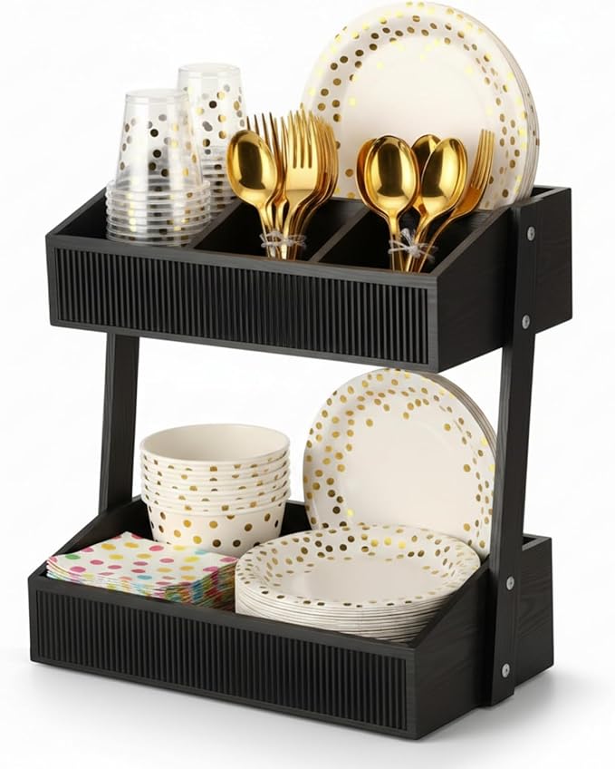 Novabright 2 Tier Paper Plate Dispenser for Kitchen Counter, Paper Plate Organizer, Rustic Wooden Utensil Holder for Party Countertop Cutlery Flatware Storage Rack for Napkin Cup Spoon Fork(Black)