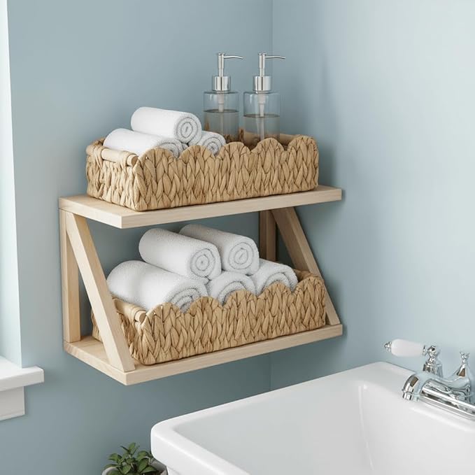 Kriitools Wicker Bathroom Basket Tray Organizer w/Scalloped for Toilet Paper, 2PCS Rattan Decorative Basket for Bathroom Decor, Farmhouse Home Decor, Living Room and more, Natural Water Hyacinth