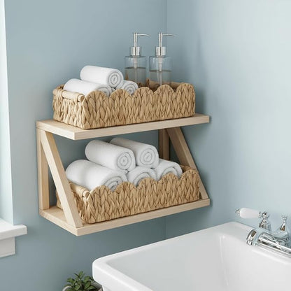 Kriitools Wicker Bathroom Basket Tray Organizer w/Scalloped for Toilet Paper, 2PCS Rattan Decorative Basket for Bathroom Decor, Farmhouse Home Decor, Living Room and more, Natural Water Hyacinth